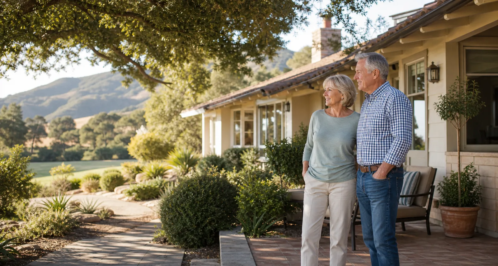 An active older couple enjoying the patio of a well maintained Southern California home