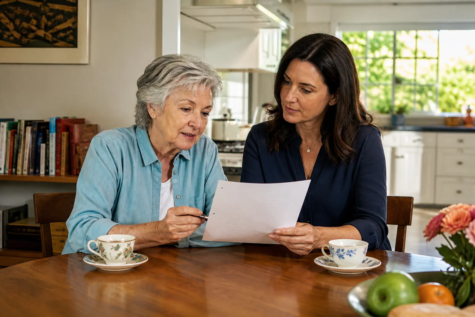 A senior homeowner and her adult daughter calmly reviewing housing notes at a kitchen table