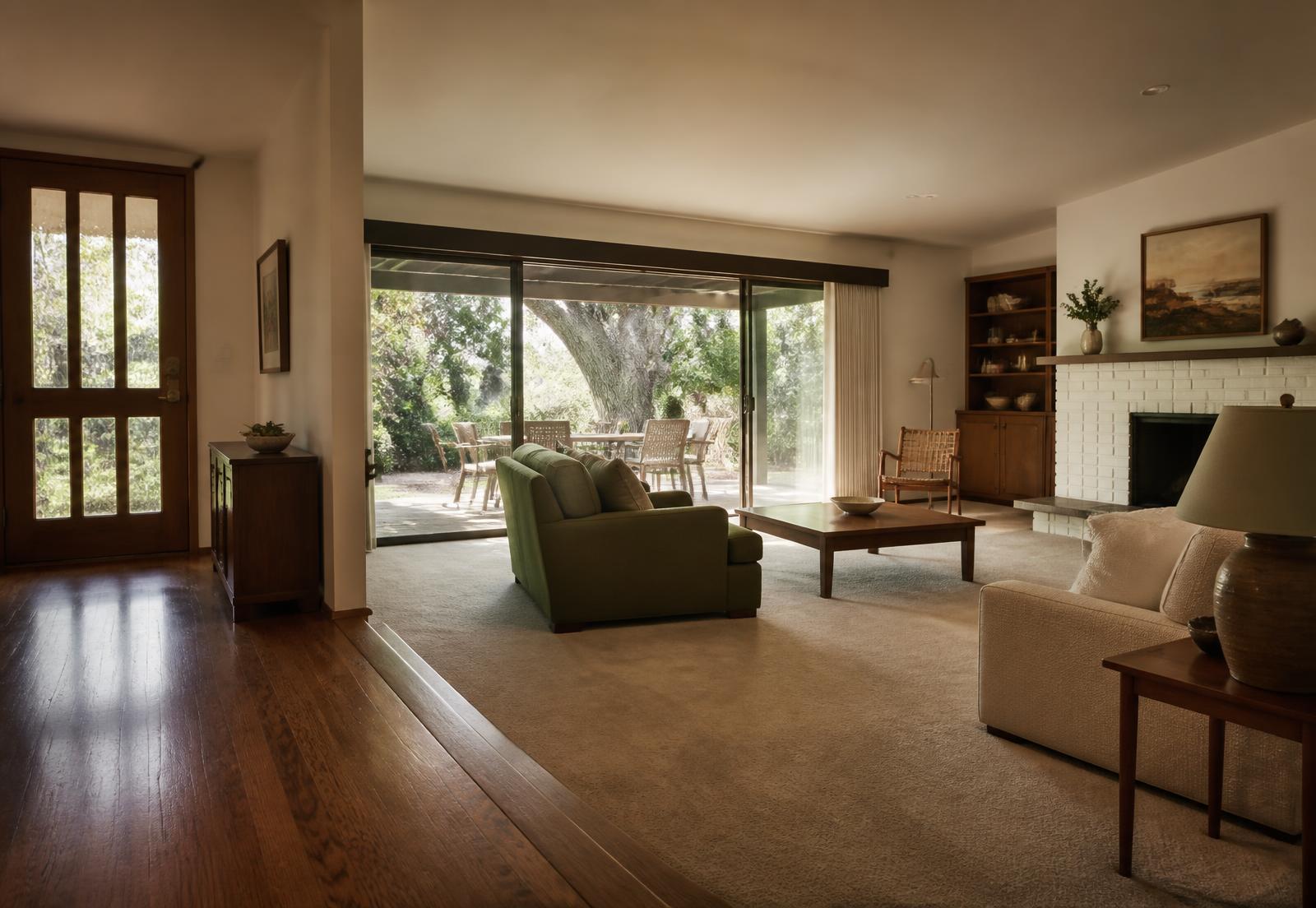 A Southern California ranch living room with a small level transition and bright patio access