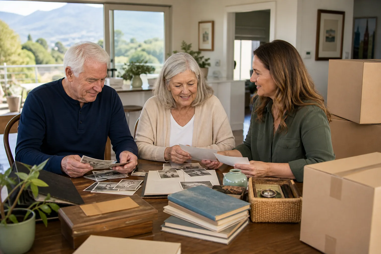 A senior couple and adult daughter calmly sorting photographs and keepsakes near organized moving boxes