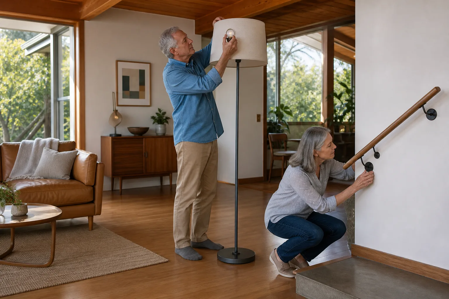 An older couple making practical lighting and handrail improvements in their home